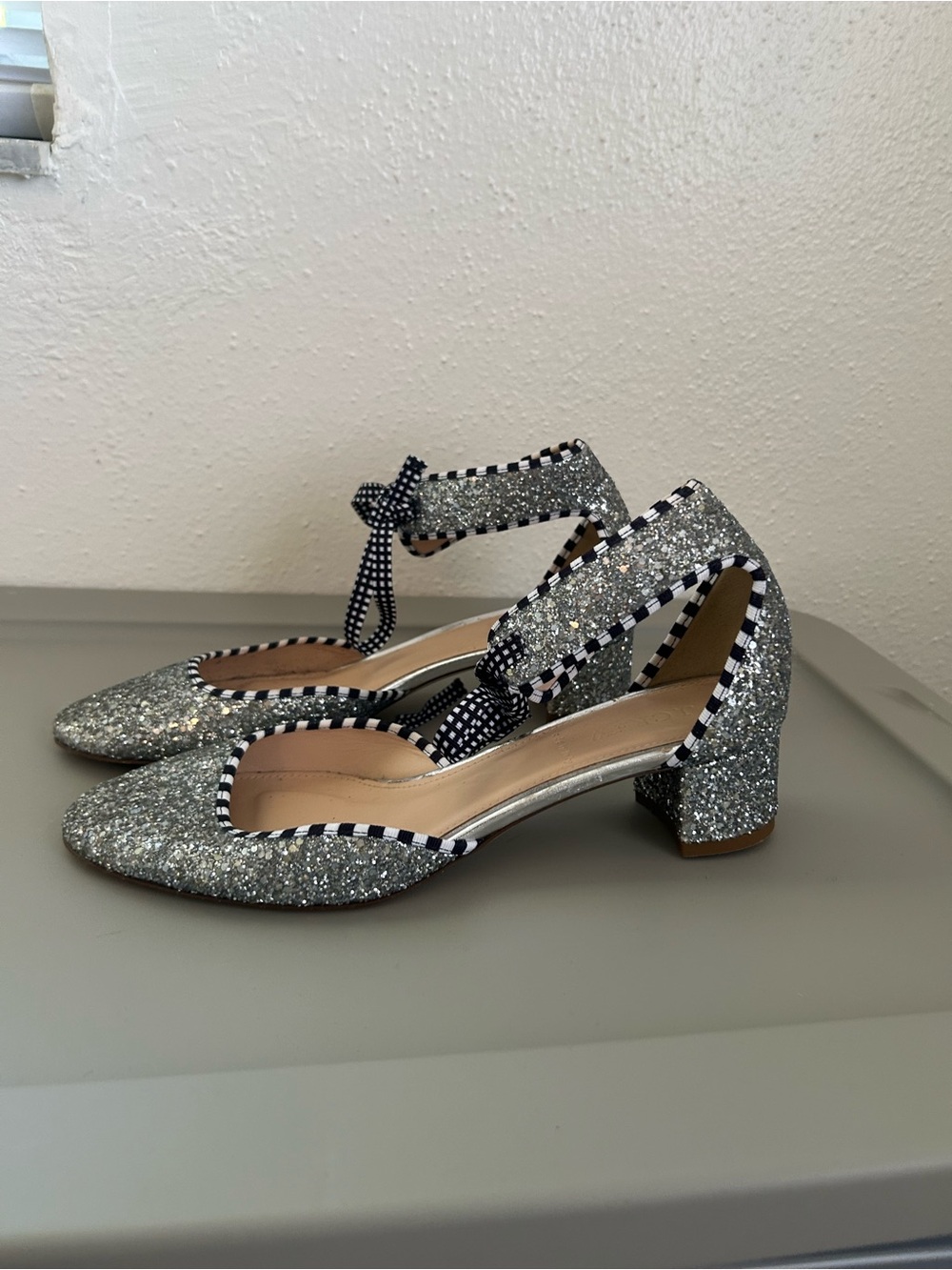 J. Crew Silver Glitter Block Heel D'Orsay with Black-White Trim